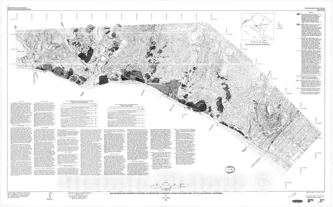 Map : Map showing relationship of historic to prehistoric landslides, Pacific Palisades area, City of Los Angeles, California, 1982 Cartography Wall Art :