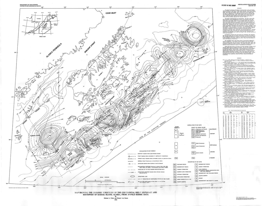 Map : Map showing the geologic structure of the continental shelf southeast and southwest of Kodiak Island, Alaska, from 24-fold seismic data, 1982 Cartography Wall Art :