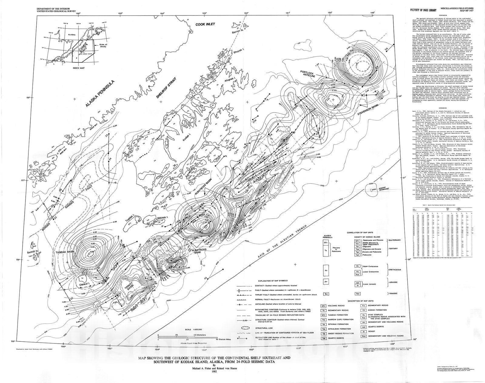 Map : Map showing the geologic structure of the continental shelf southeast and southwest of Kodiak Island, Alaska, from 24-fold seismic data, 1982 Cartography Wall Art :