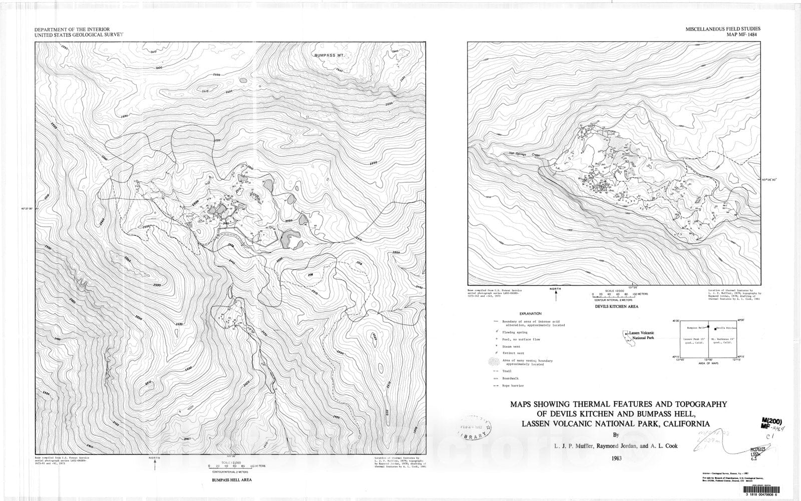 Map : Maps showing thermal features and topography of Devils Kitchen and Bumpass Hell, Lassen Volcanic National Park, California, 1983 Cartography Wall Art :