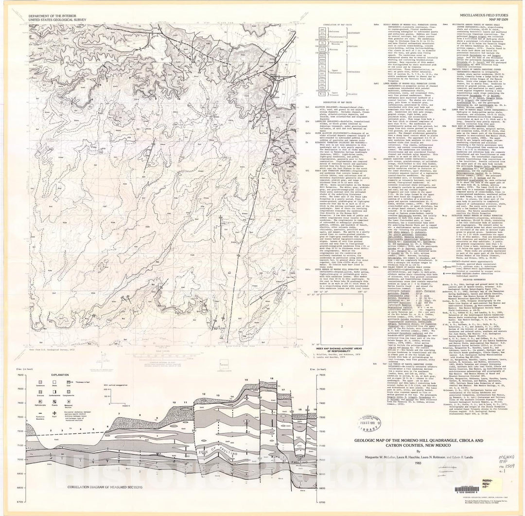 Map : Geologic map of the Moreno Hill quadrangle, Cibola and Catron Counties, New Mexico, 1983 Cartography Wall Art :