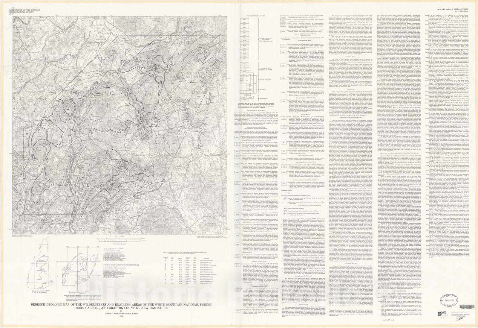 Map : Bedrock geologic map of the wildernesses and roadless areas of the White Mountain National Forest, Coos, Carroll, and Grafton Counties, New Hampshire, 1984 Cartography Wall Art :