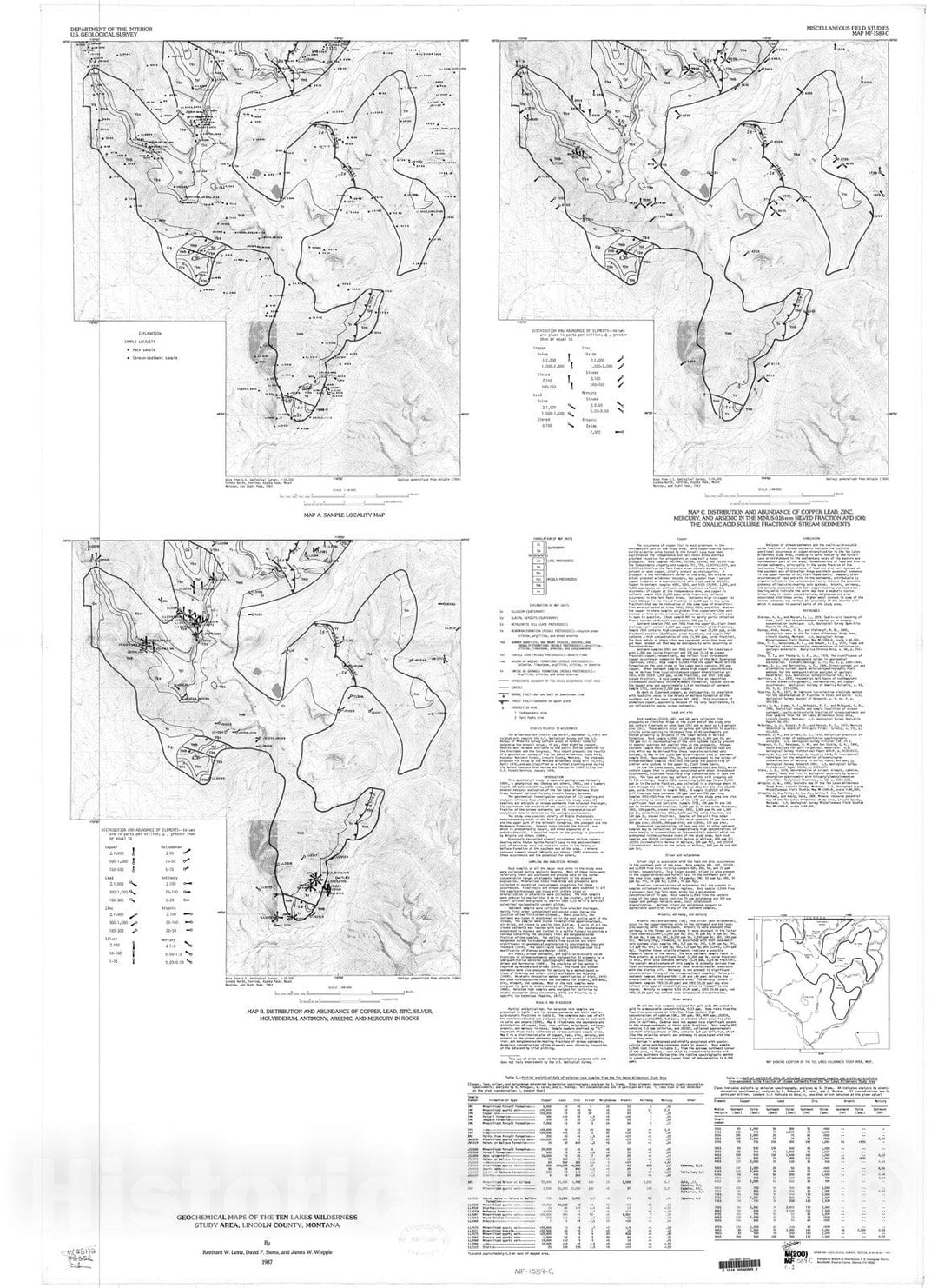 Map : Geochemical maps of the Ten Lakes Wilderness Study Area, Lincoln County, Montana, 1987 Cartography Wall Art :