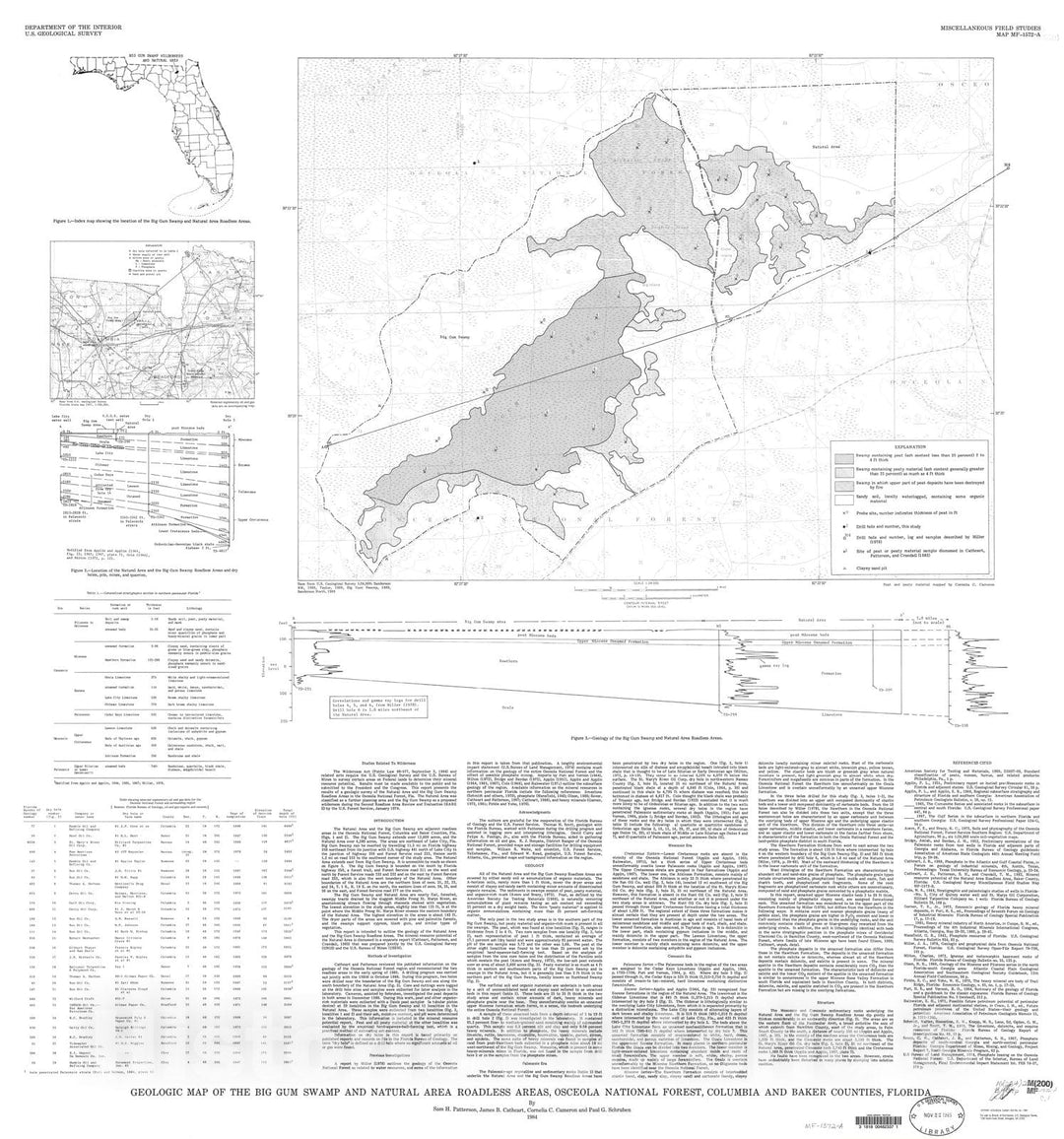 Map : Geologic map of the Big Gum Swamp and Natural Area Roadless Areas, Osceola National Forest, Columbia and Baker Counties, Florida, 1984 Cartography Wall Art :