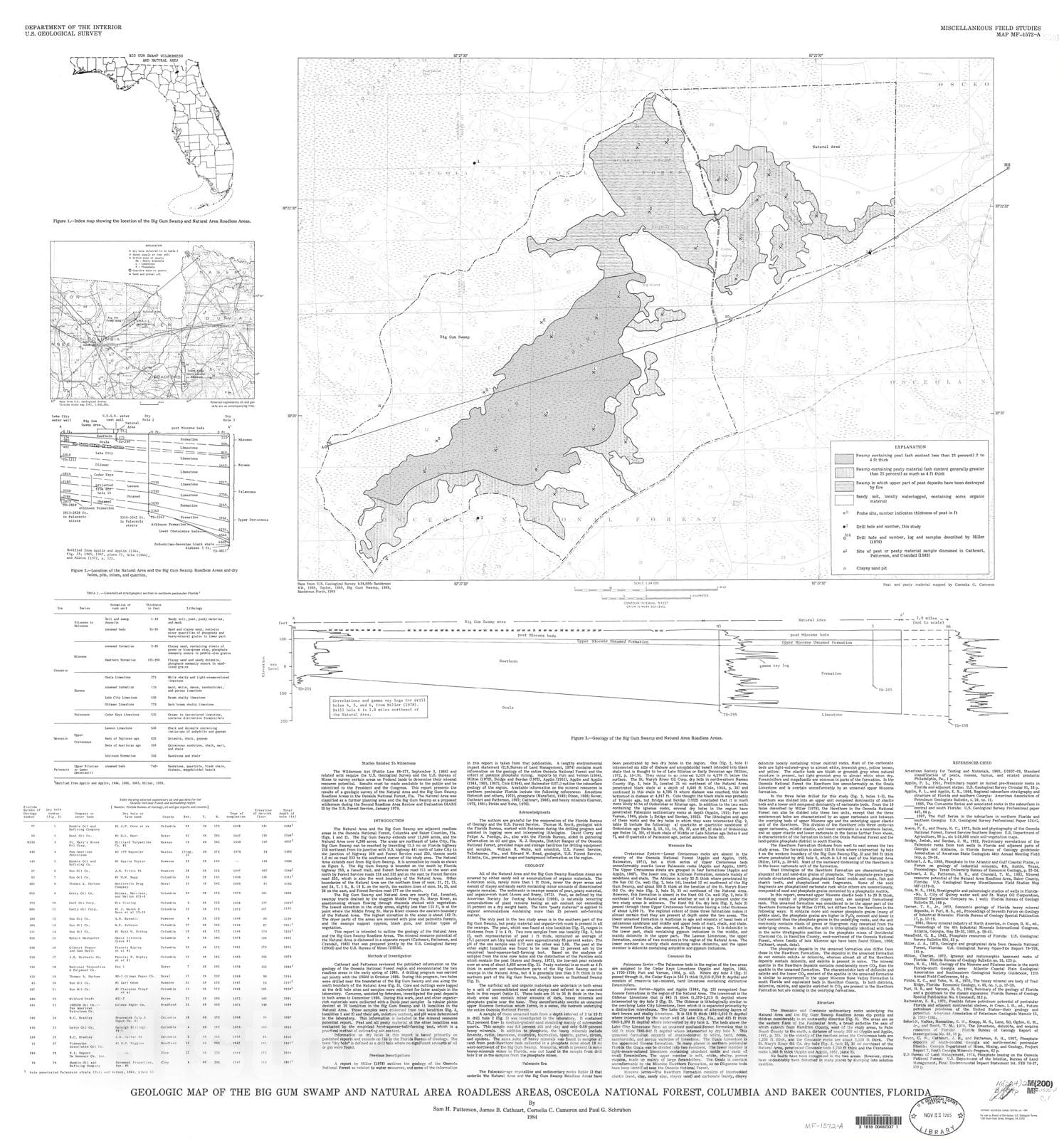 Map : Geologic map of the Big Gum Swamp and Natural Area Roadless Areas, Osceola National Forest, Columbia and Baker Counties, Florida, 1984 Cartography Wall Art :