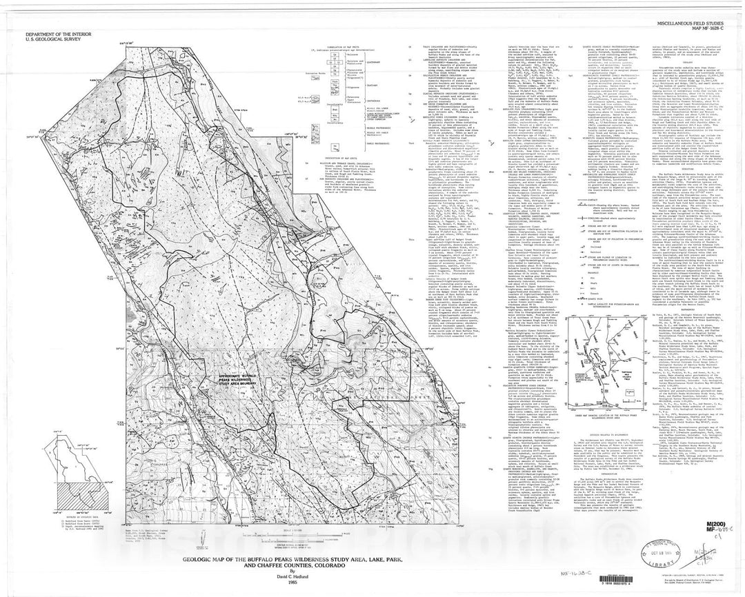 Map : Geologic map of the Buffalo Peaks Wilderness Study Area, Lake, Park, and Chaffee Counties, Colorado, 1985 Cartography Wall Art :