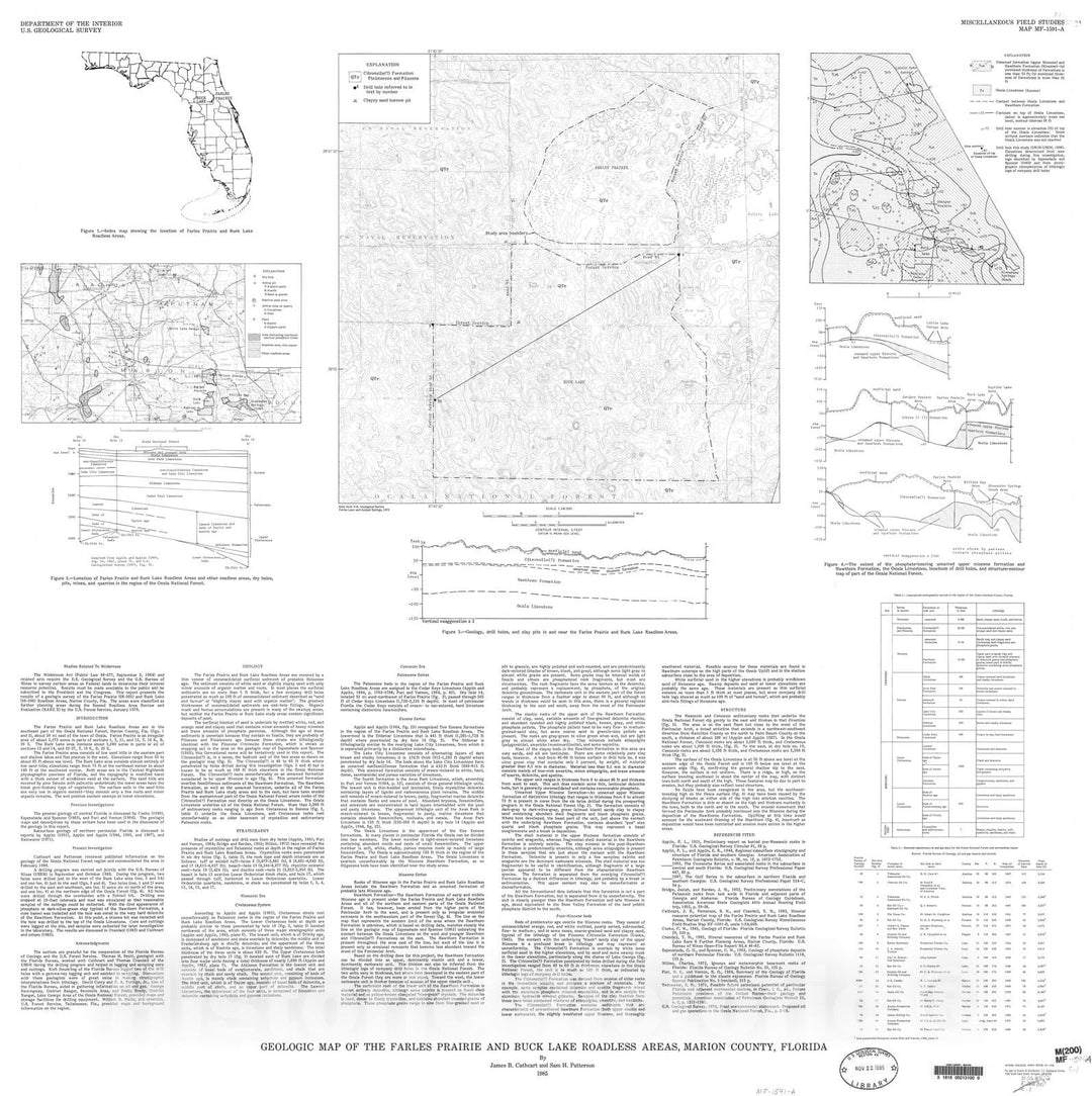 Map : Geologic map of the Farles Prairie and Buck Lake Roadless Areas, Marion County, Florida, 1985 Cartography Wall Art :