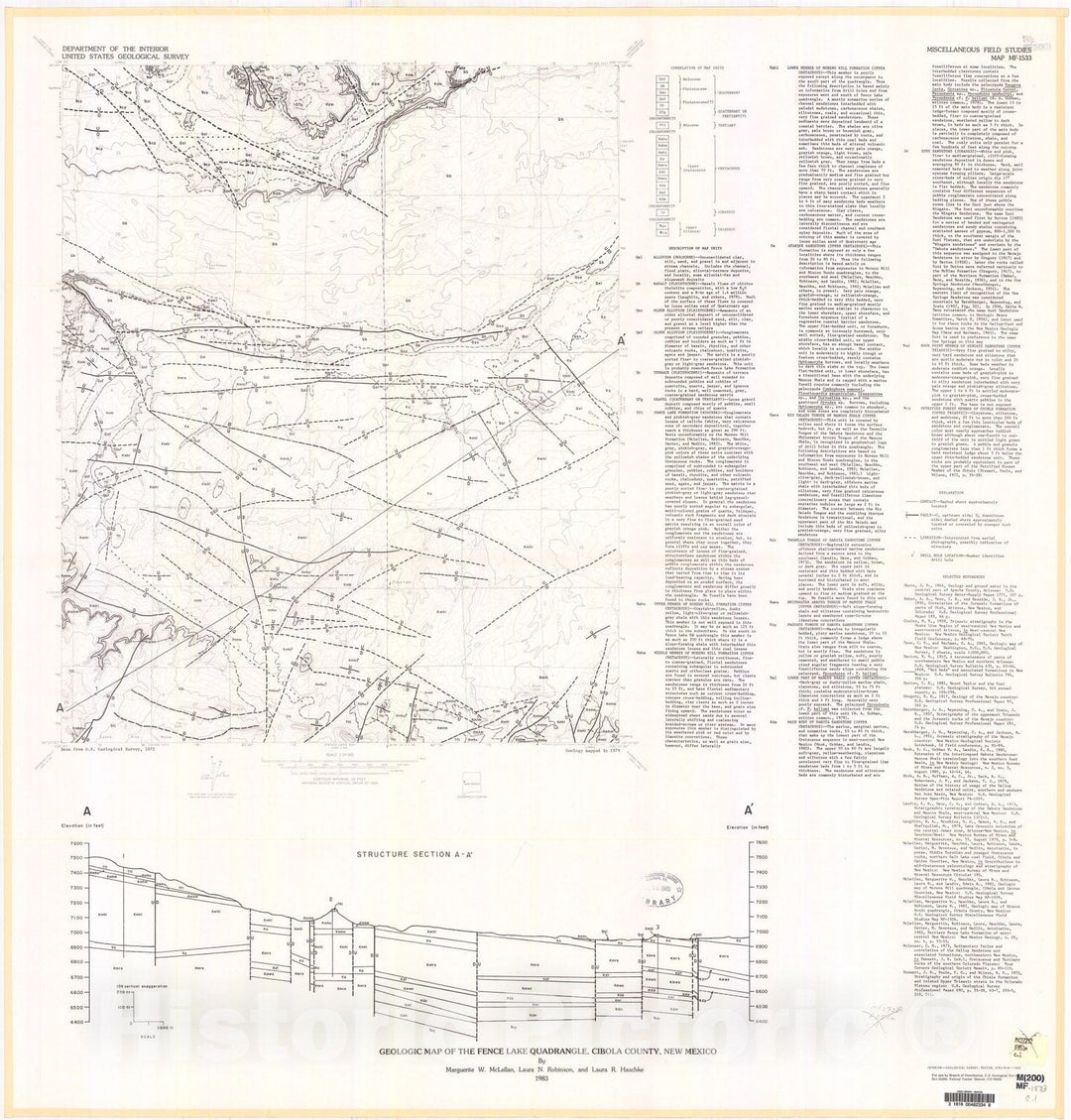 Map : Geologic map of the Fence Lake quadrangle, Cibola County, New Mexico, 1983 Cartography Wall Art :