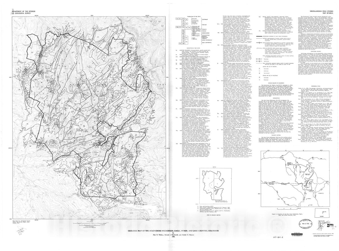 Map : Geologic map of the Holy Cross Wilderness, Eagle, Pitkin, and Lake Counties, Colorado, 1986 Cartography Wall Art :