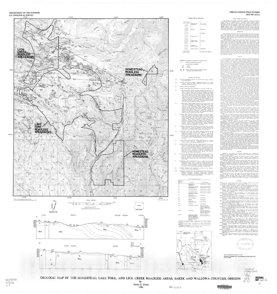 Map : Geologic map of the Homestead, Lake Fork, and Lick Creek Roadless Areas, Baker and Wallowa Counties, Oregon, 1986 Cartography Wall Art :