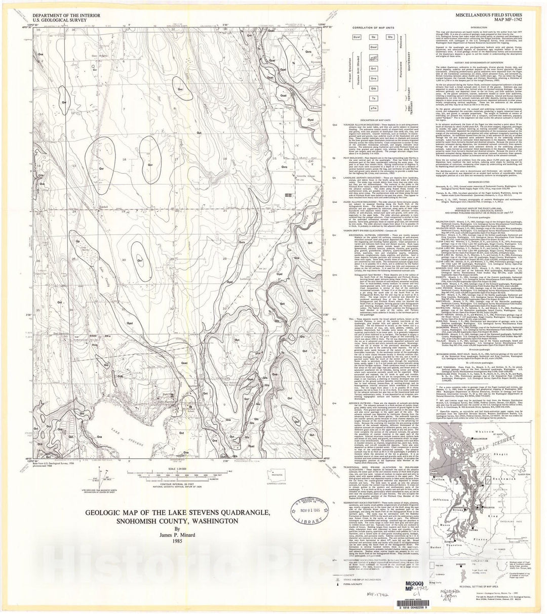 Map : Geologic map of the Lake Stevens quadrangle, Snohomish County, Washington, 1985 Cartography Wall Art :