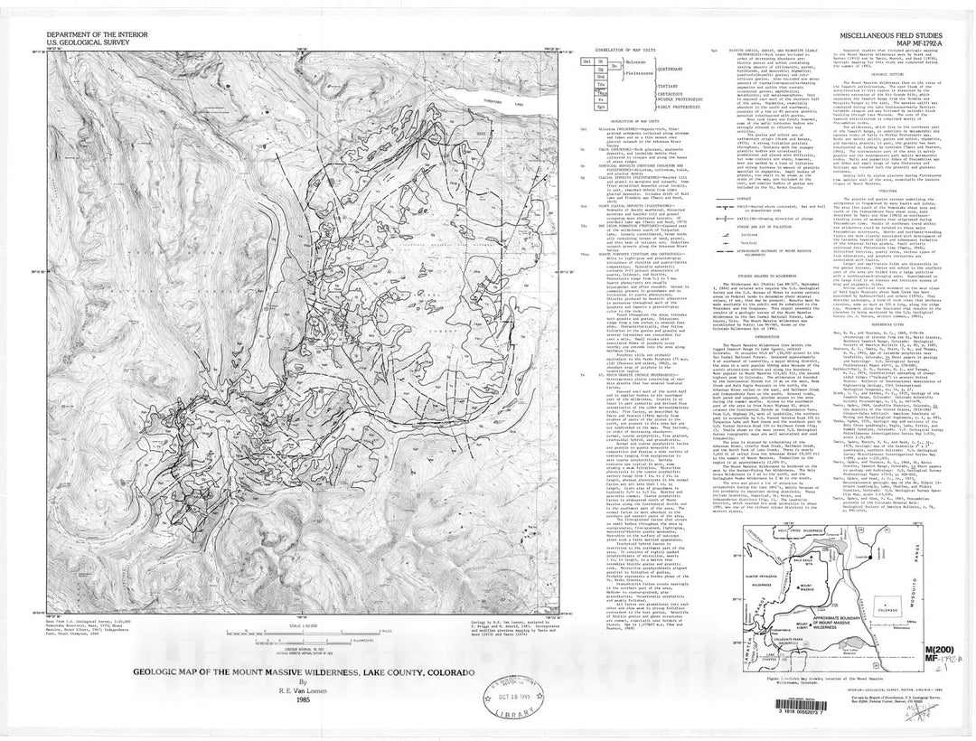 Map : Geologic map of the Mount Massive Wilderness, Lake County, Colorado, 1985 Cartography Wall Art :