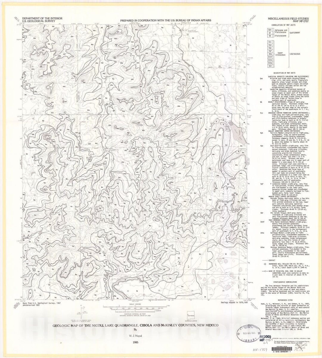 Map : Geologic map of the Nicoll Lake quadrangle, Cibola and McKinley Counties, New Mexico, 1985 Cartography Wall Art :