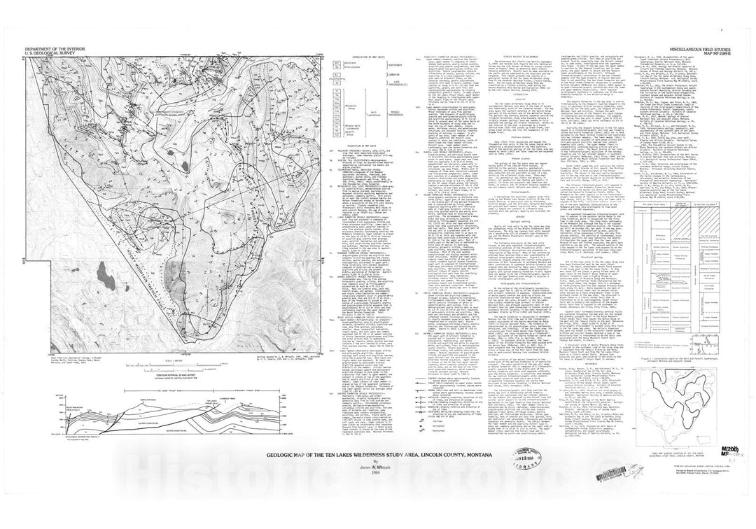 Map : Geologic map of the Ten Lakes Wilderness Study Area, Lincoln County, Montana, 1984 Cartography Wall Art :