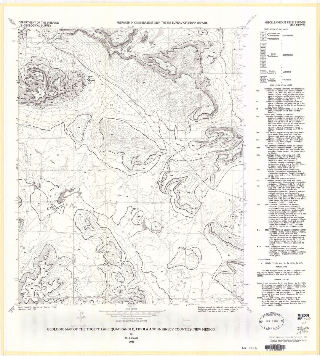 Map : Geologic map of the Togeye Lake quadrangle, Cibola and McKinley Counties, New Mexico, 1985 Cartography Wall Art :