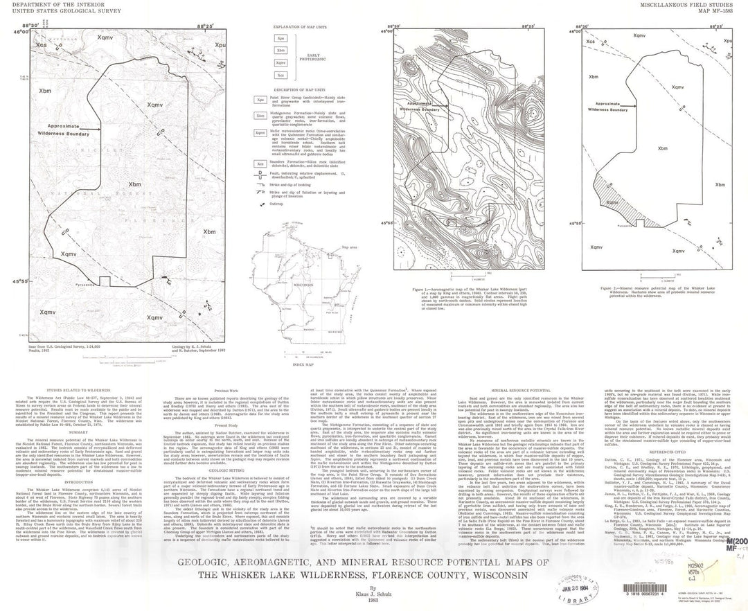 Map : Geologic, aeromagnetic, and mineral resource potential maps of the Whisker Lake Wilderness, Florence County, Wisconsin, 1983 Cartography Wall Art :