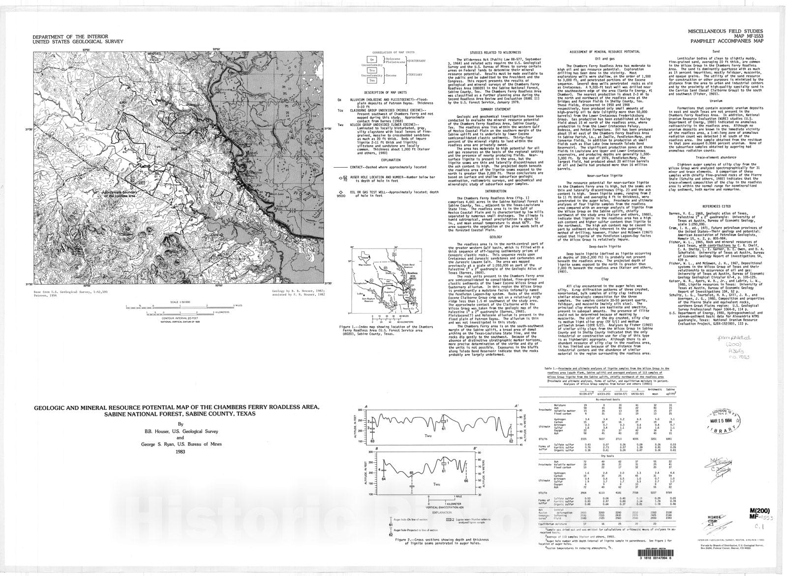 Map : Geology and mineral resource potential map of the Chambers Ferry Roadless Area, Sabine National Forest, Sabine County, Texas, 1983 Cartography Wall Art :