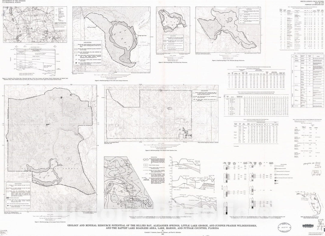 Map : Geology and mineral resource potential of the Billies Bay, Alexander Springs, Little Lake George, and Juniper Prairie Wildernesses, 1987 Cartography Wall Art :