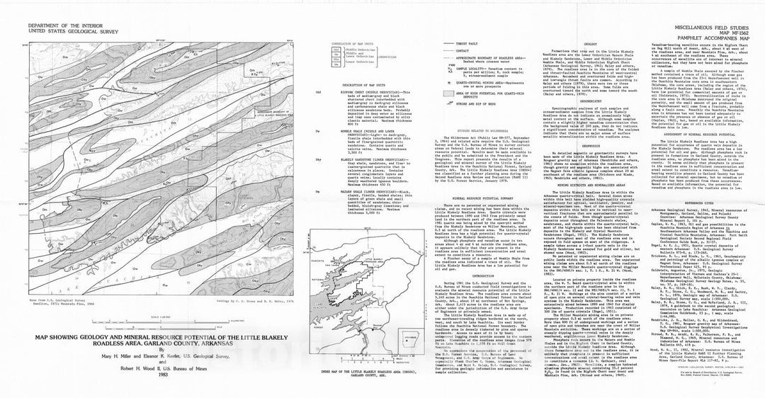 Map : Map showing geology and mineral resource potential of the Little Blakely Roadless Area, Garland County, Arkansas, 1983 Cartography Wall Art :