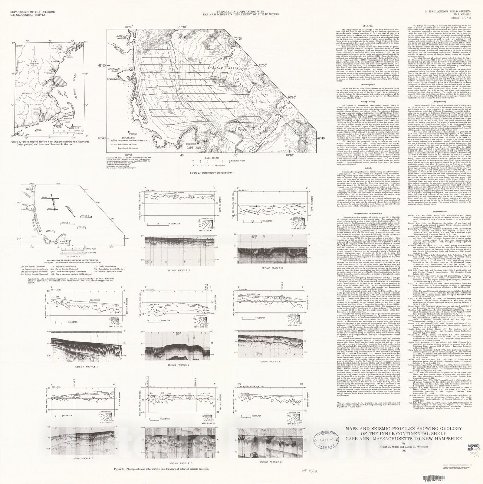 Map : Maps and seismic profiles showing, geology of the inner continental shelf, Cape Ann, Massachusetts to New Hampshire, 1987 Cartography Wall Art :