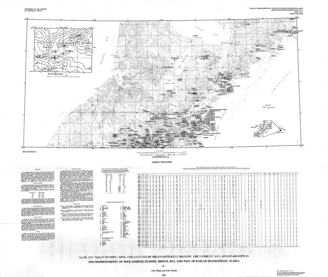 Map : Maps and tables showing data and analyses of semiquantitative emission spectrometry and atomic-absorption spectrophotometry of roc, 1986 Cartography Wall Art :