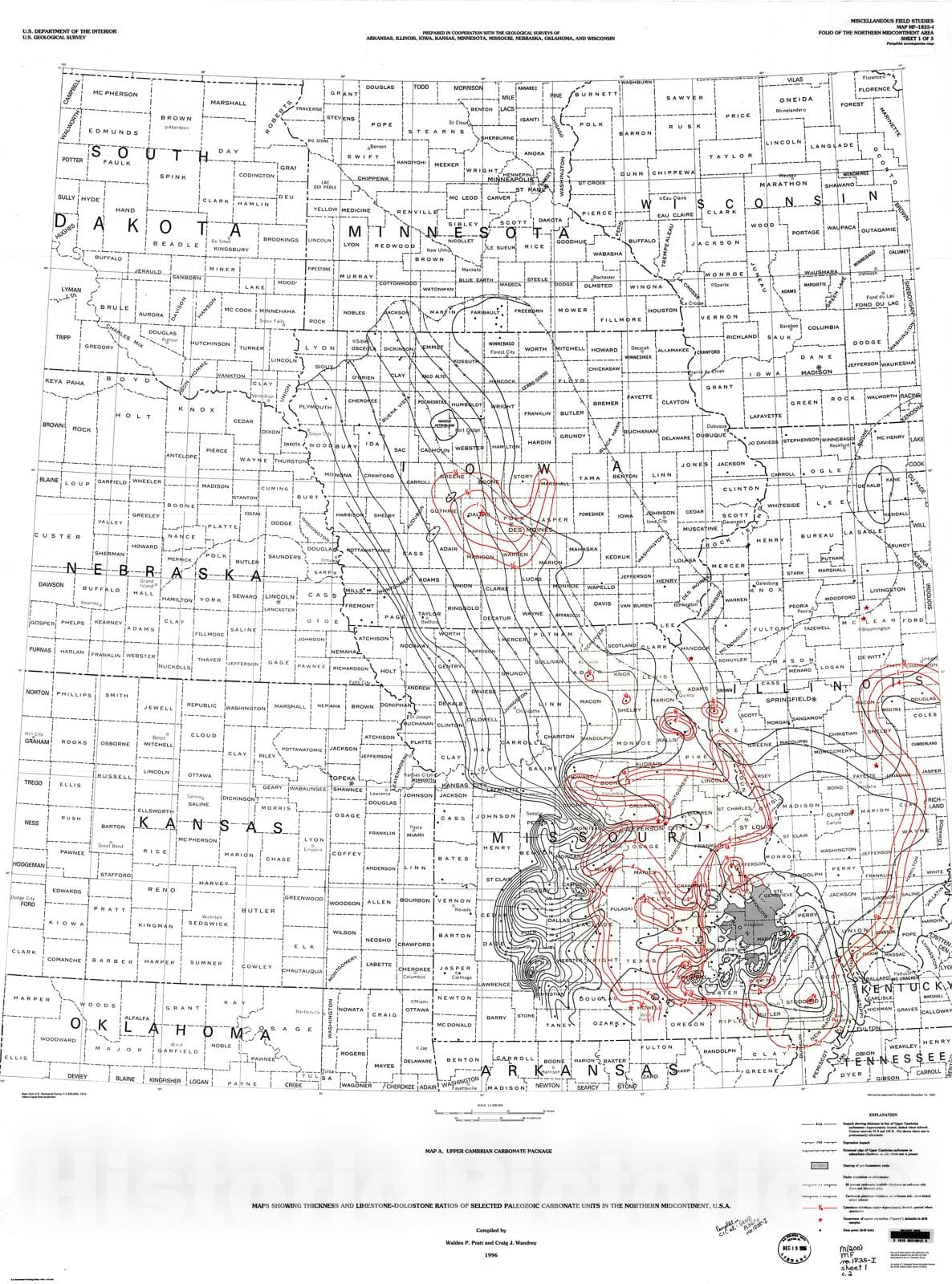 Map : Maps showing thickness and limestone-dolostone ratios of selected Paleozoic carbonate units in the northern midcontinent, U.S.A., 1996 Cartography Wall Art :