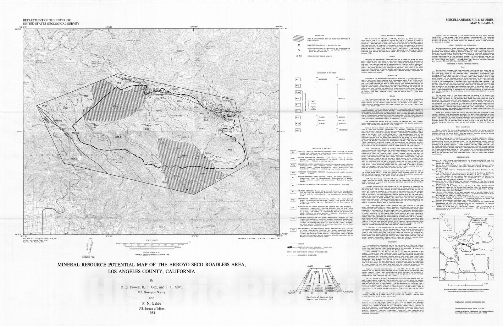 Map : Mineral resource potential map of the Arroyo Seco Roadless Area, Los Angeles County, California, 1983 Cartography Wall Art :