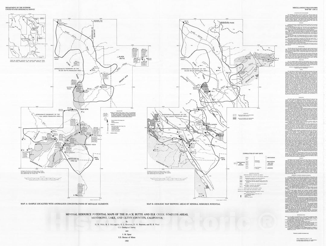 Map : Mineral resource potential maps of the Black Butte and Elk Creek Roadless Areas, Mendocino, Lake, and Glenn Counties, California, 1983 Cartography Wall Art :