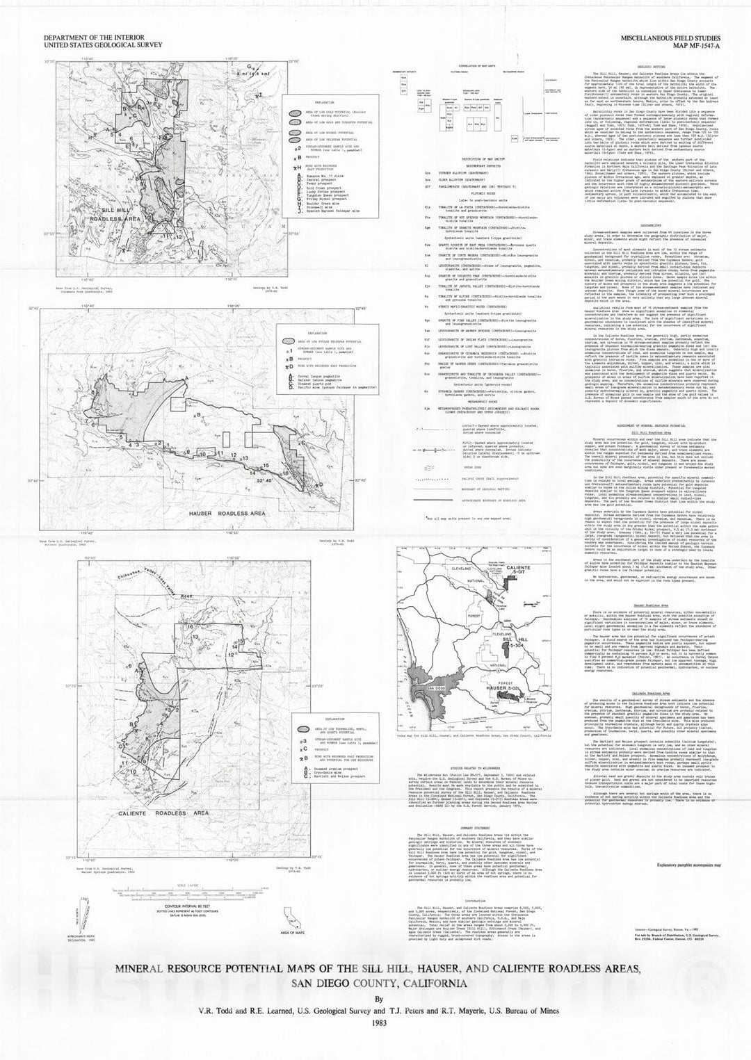 Map : Mineral resource potential maps of the Sill Hill, Hauser, and Caliente Roadless Areas, San Diego County, California, 1983 Cartography Wall Art :