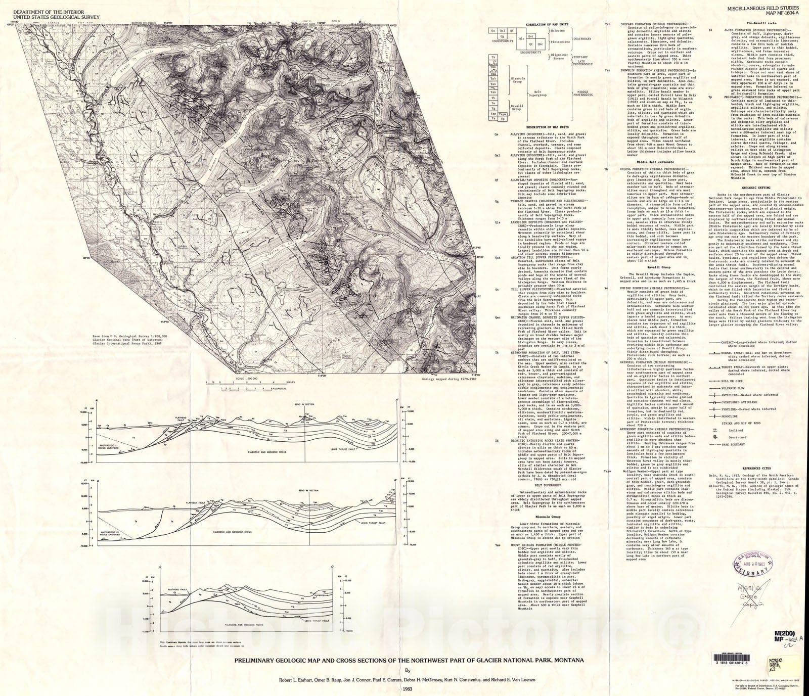 Map : Preliminary geologic map and cross sections of the northwest part of Glacier National Park, Montana, 1983 Cartography Wall Art :