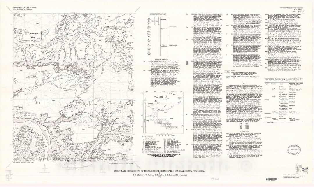 Map : Preliminary geologic map of the Tanner Lake quadrangle, San Juan County, New Mexico, 1986 Cartography Wall Art :