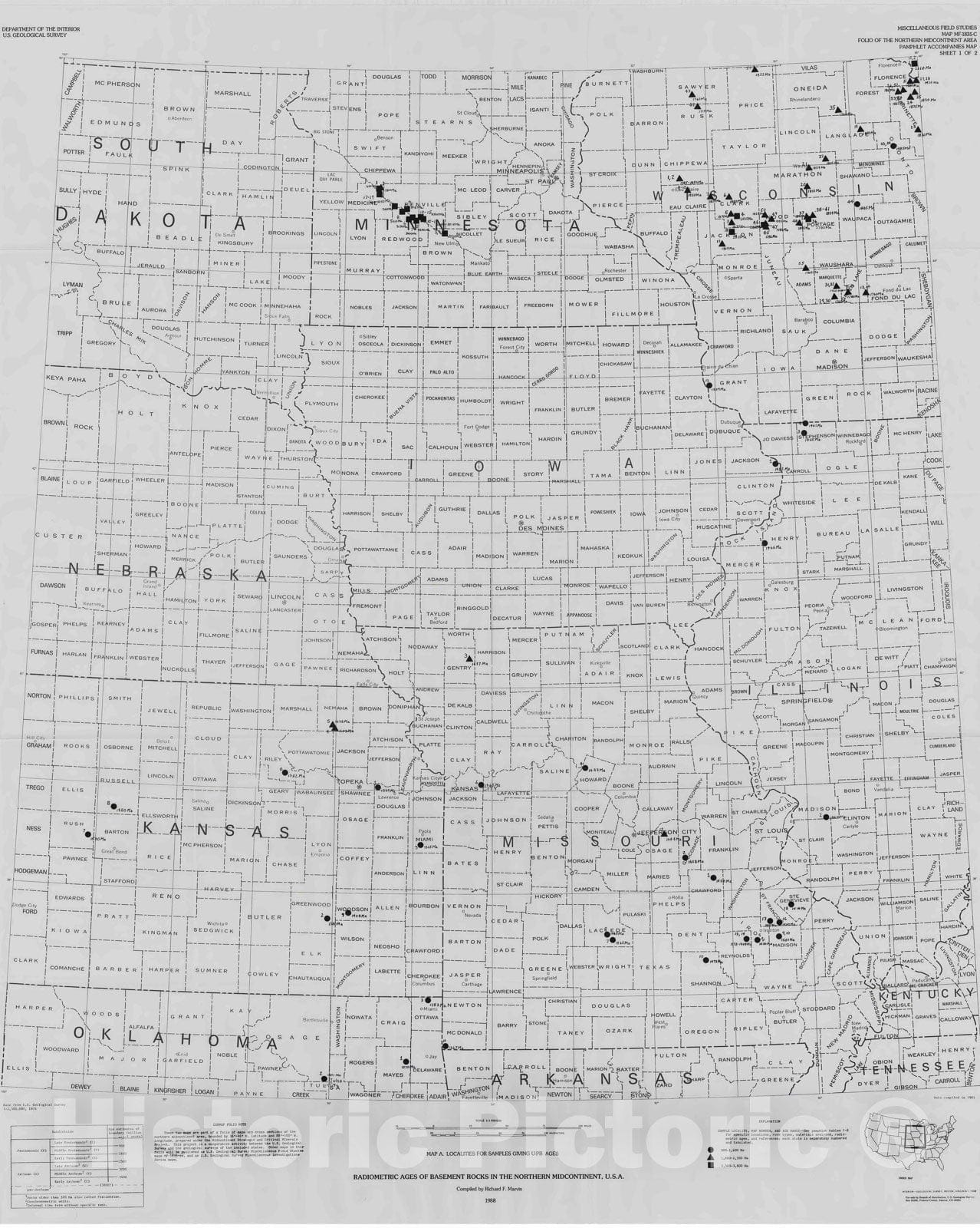 Map : Radiometric ages of basement rocks in the northern midcontinent, U.S.A., 1988 Cartography Wall Art :