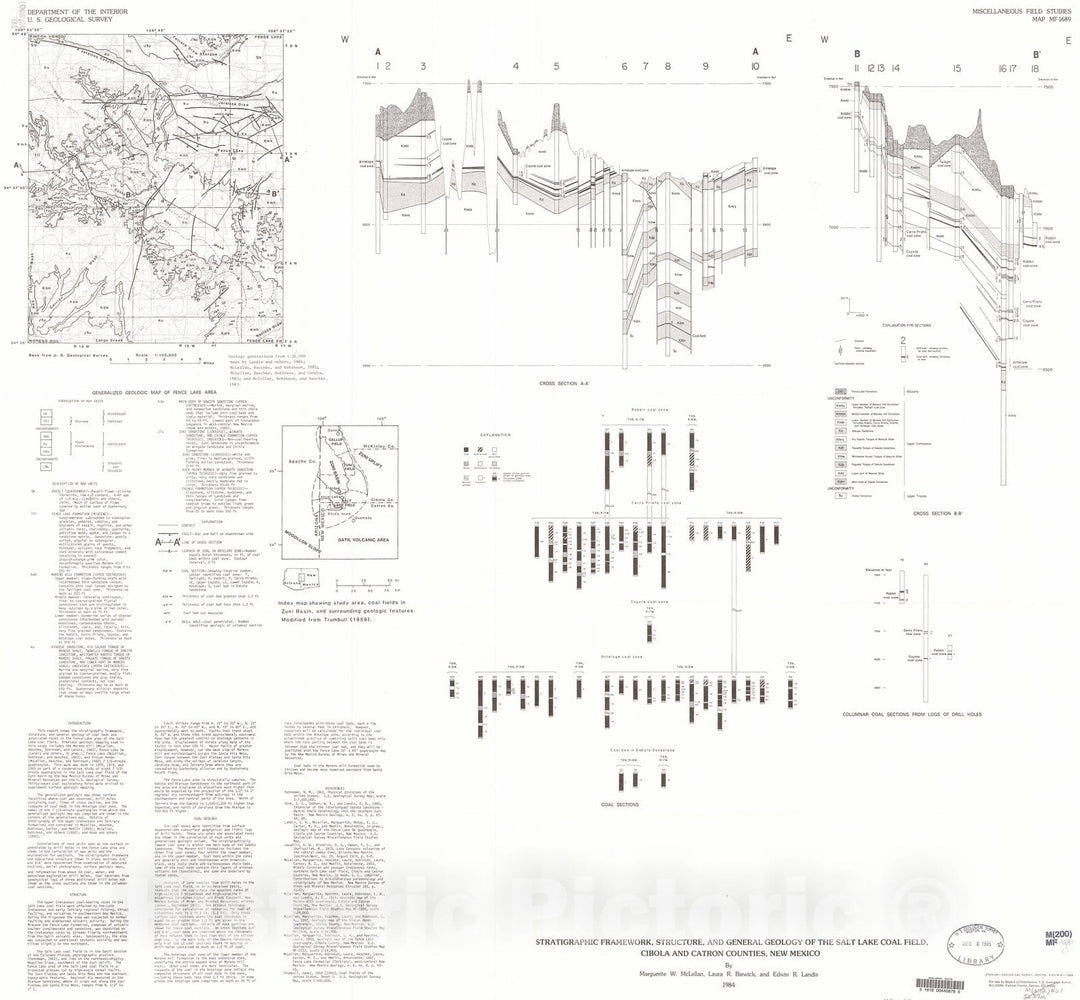 Map : Stratigraphic framework, structure, and general geology of the Salt Lake coal field, Cibola and Catron Counties, New Mexico, 1984 Cartography Wall Art :