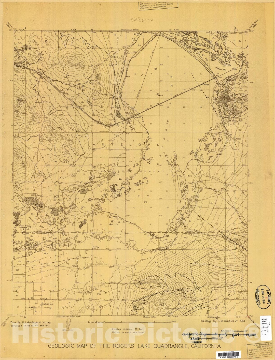 Map : Geology of the Rogers Lake quadrangle, California, 1959 Cartography Wall Art :