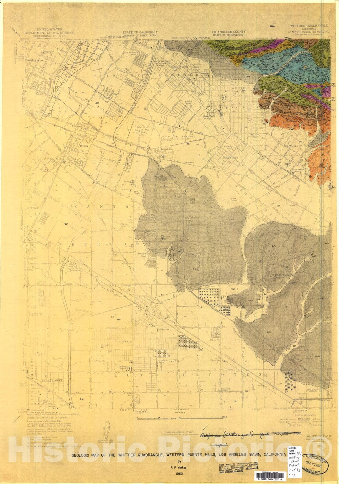 Map : Geologic map of the Whittier and La Habra quadrangles, the western Puente Hills, Los Angeles basin, California, 1960 Cartography Wall Art :