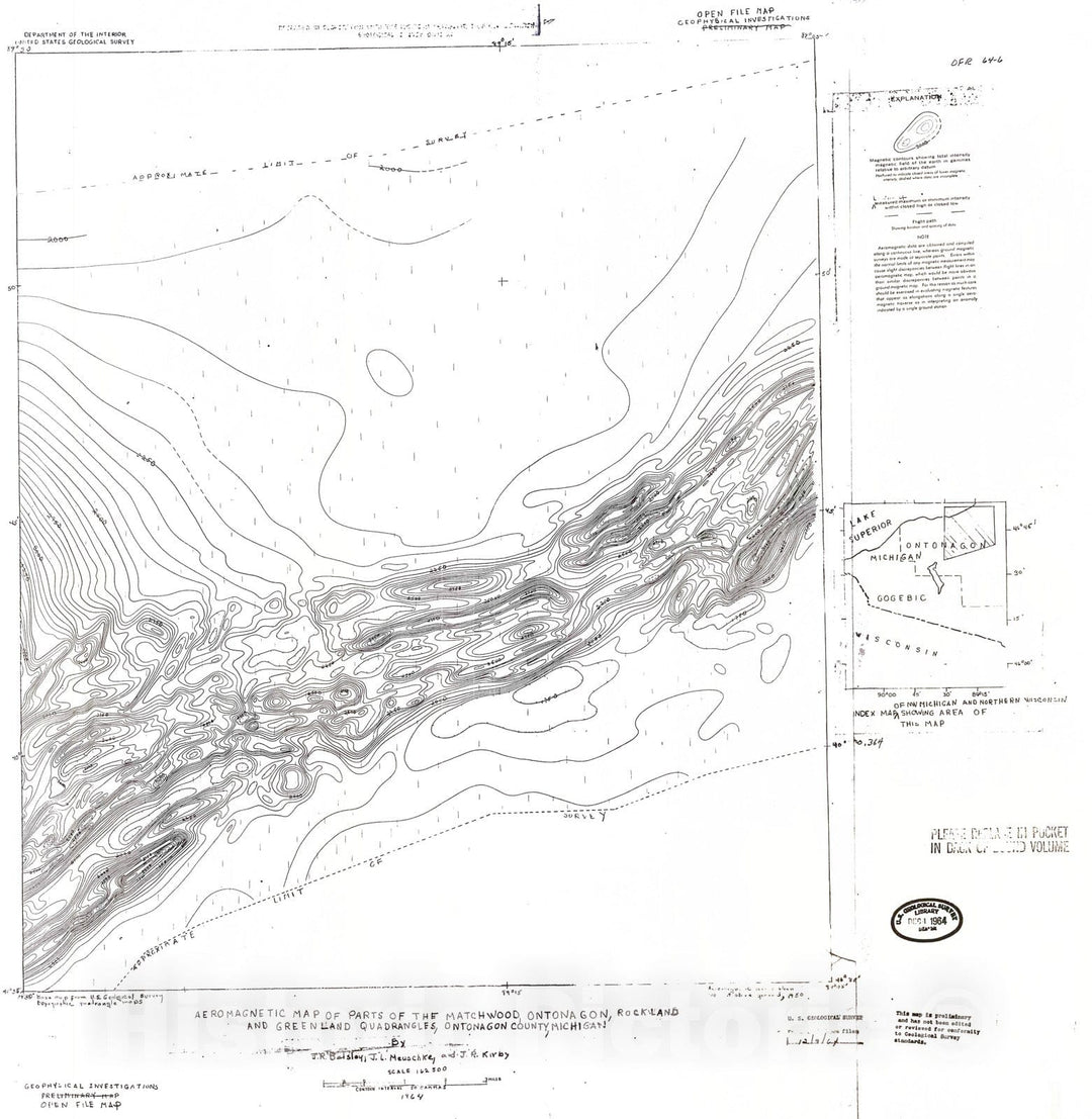 Map : Aeromagnetic map of parts of the Matchwood, Ontonagon, Rockland and Greenland quadrangles, Ontonagon County, Michigan, 1964 Cartography Wall Art :