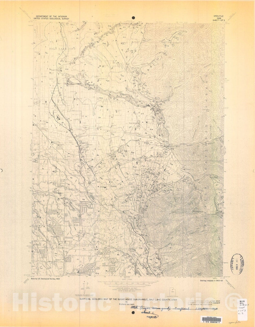 Map : Surficial geologic map of the Sugar House quadrangle, Salt Lake County, Utah, 1968 Cartography Wall Art :