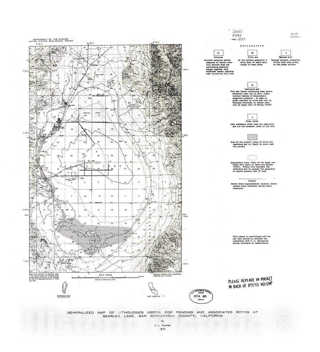 Map : Lithologic units useful for solar evaporation pond construction at Searles Lake, San Bernardino County, California, 1971 Cartography Wall Art :