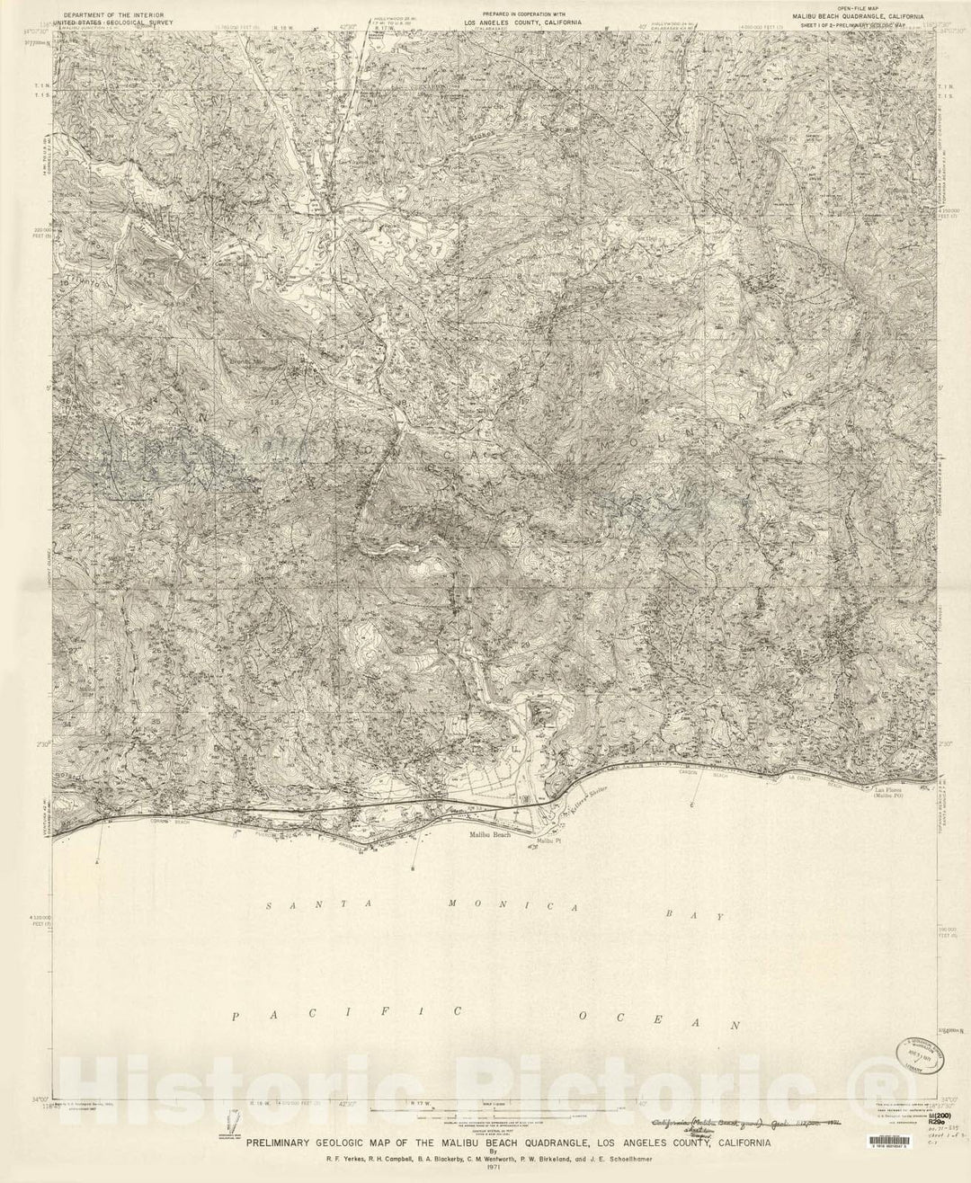 Map : Preliminary geologic map of the Malibu Beach quadrangle, Los Angeles County, California, 1971 Cartography Wall Art :