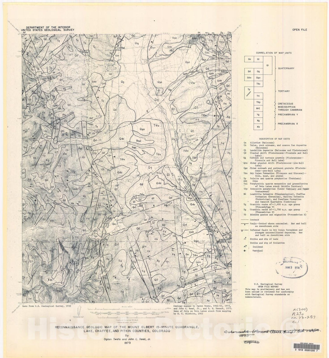 Map : Reconnaissance geologic map of the Mount Elbert 15-minute quadrangle, Lake, Chaffee, and Pitkin Counties, Colorado, 1973 Cartography Wall Art :