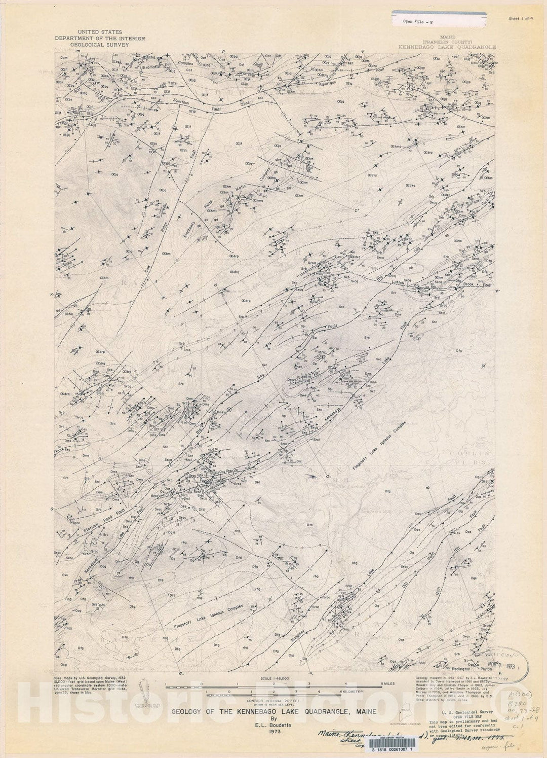 Map : Geology of the Kennebego Lake quadrangle, Maine, 1973 Cartography Wall Art :