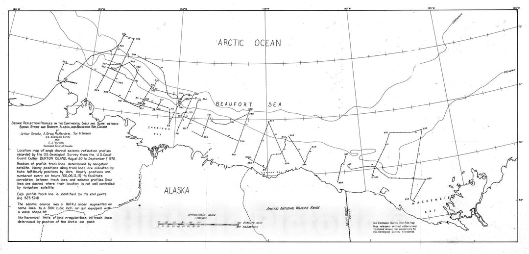 Map : Seismic reflection profiles on the continental shelf and slope between Bering Strait and Barrow, Alaska, and MacKenzie Bay, Canada, 1973 Cartography Wall Art :