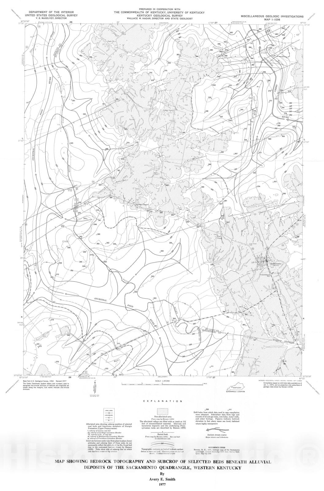 Map : Map showing bedrock topography and subcrop of selected beds beneath alluvial deposits of the Sacramento quadrangle, western Kentucky, 1977 Cartography Wall Art :