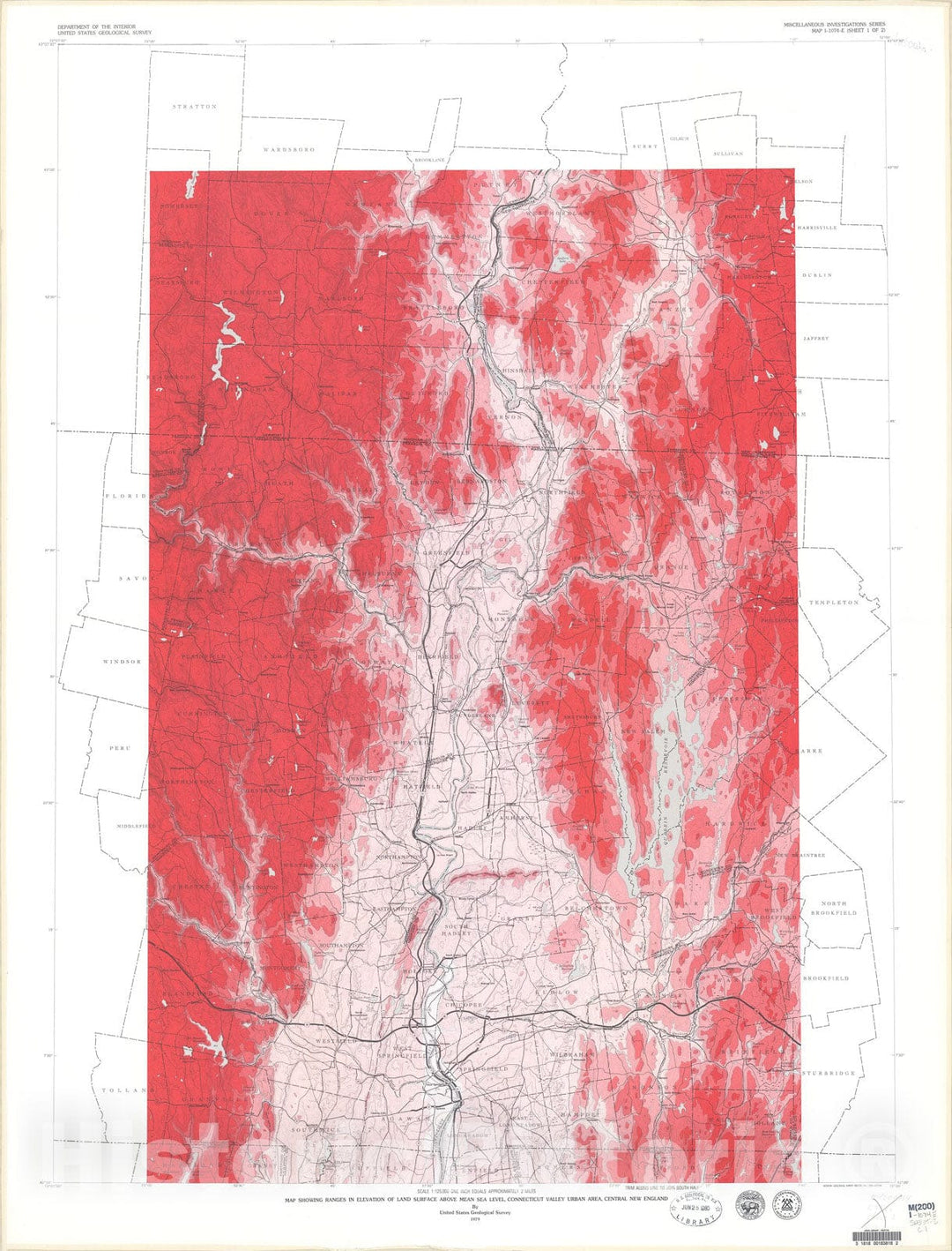 Map : Map showing ranges in elevation of land surface above mean sea level, Connecticut Valley urban area, New England, 1979 Cartography Wall Art :