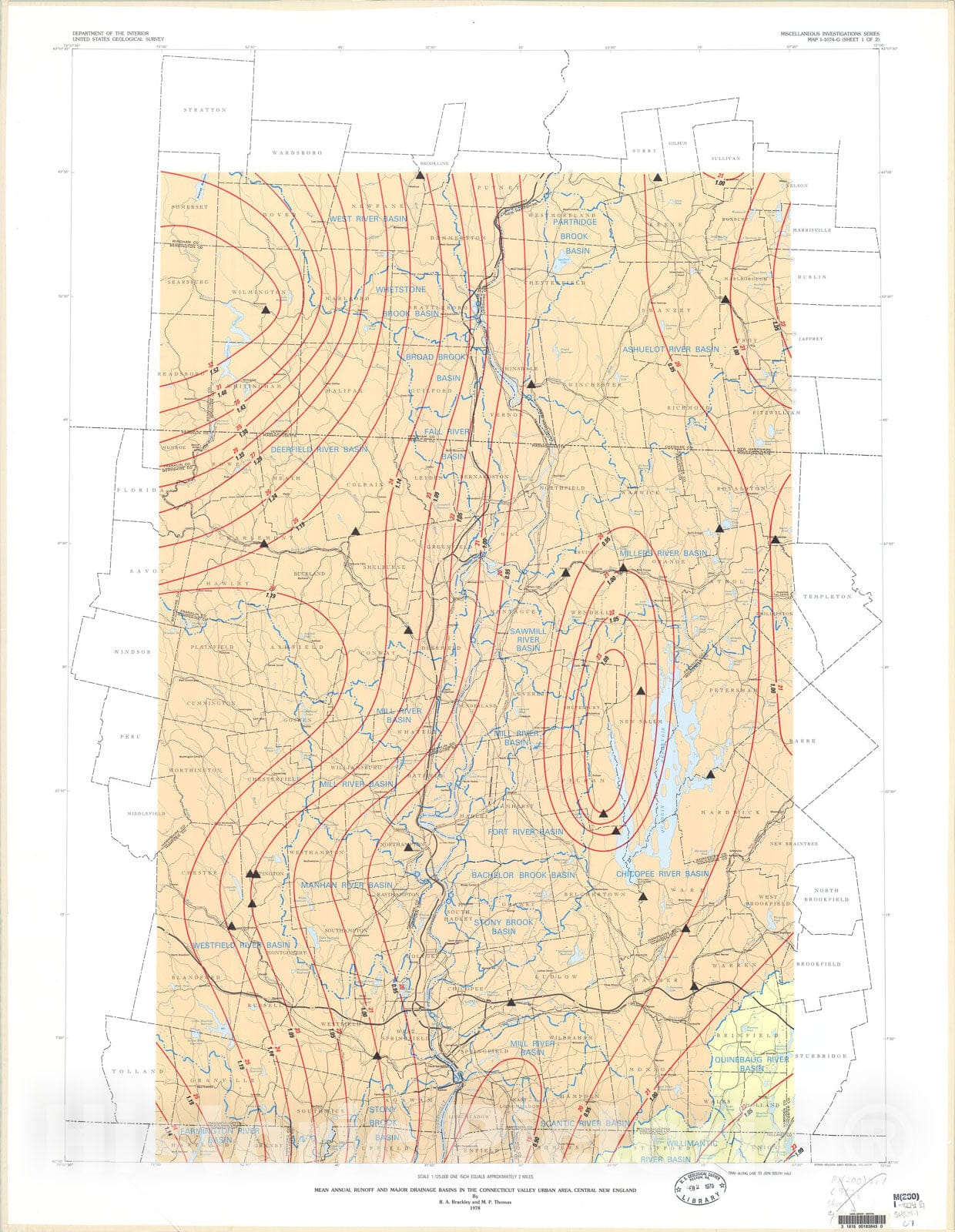 Map : Mean annual runoff and major drainage basins in the Connecticut Valley urban area, New England, 1978 Cartography Wall Art :