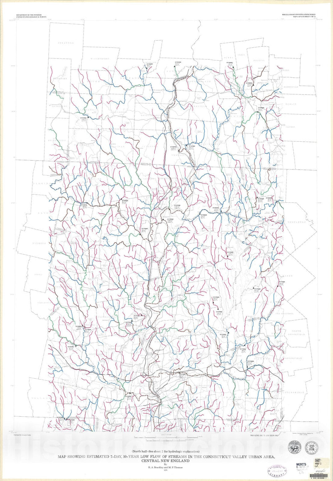 Map : Map showing estimated 7-day 10-year low flow of streams in the Connecticut Valley urban area, New England, 1979 Cartography Wall Art :