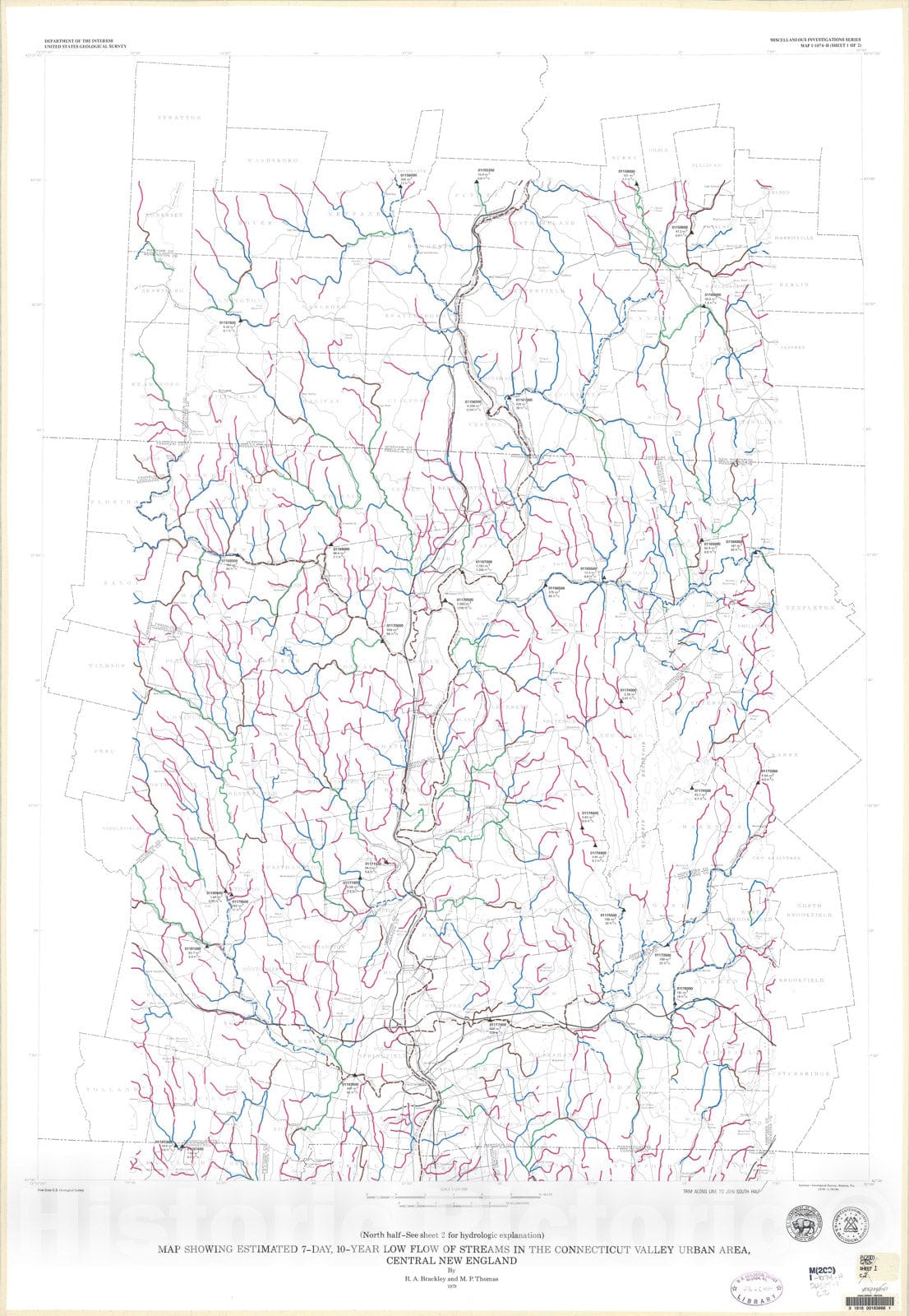 Map : Map showing estimated 7-day 10-year low flow of streams in the Connecticut Valley urban area, New England, 1979 Cartography Wall Art :