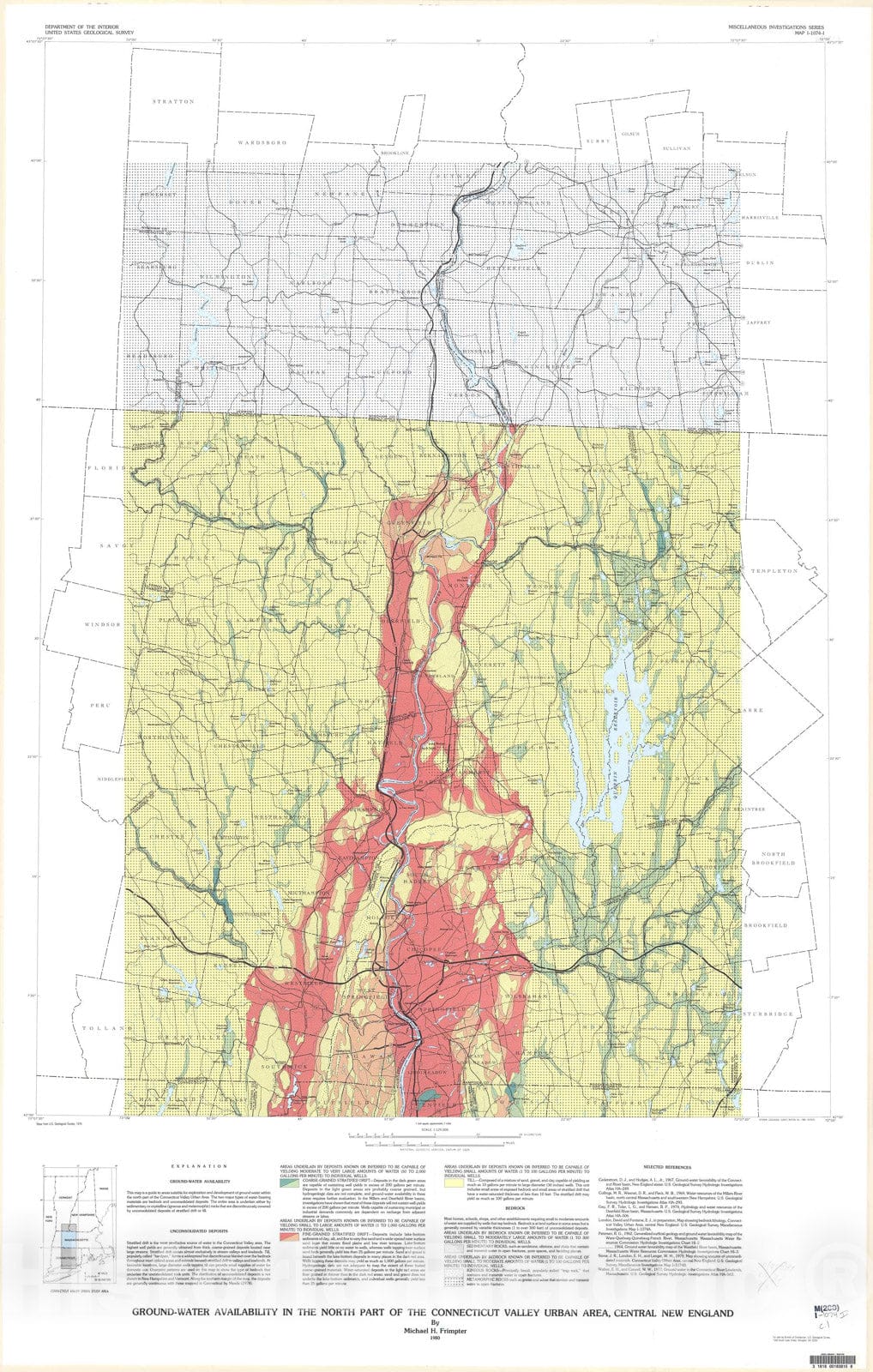 Map : Ground water availability in the north part of the Connecticut Valley urban area, New England, 1980 Cartography Wall Art :