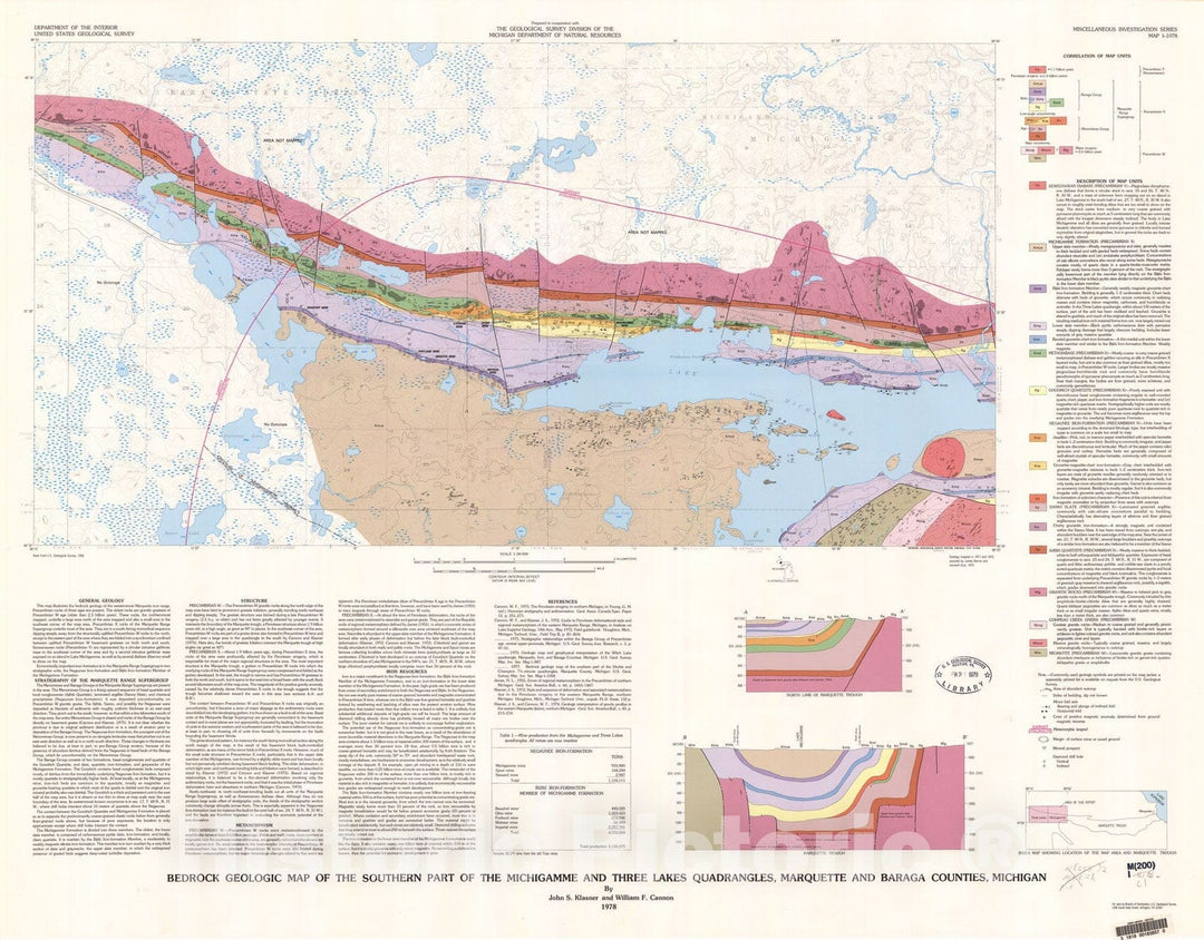 Map : Bedrock geologic map of the southern part of the Michigamme and Three Lakes quadrangles, Marquette and Baraga Counties, Michigan, 1978 Cartography Wall Art :