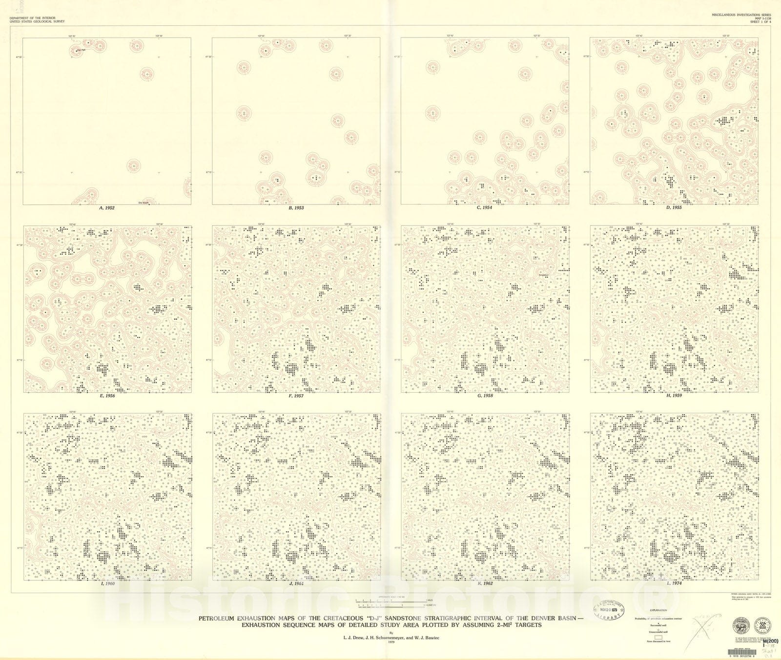 Map : Petroleum exhaustion maps of the Cretaceous "D-J" sandstone stratigraphic interval of t he Denver basin, 1979 Cartography Wall Art :